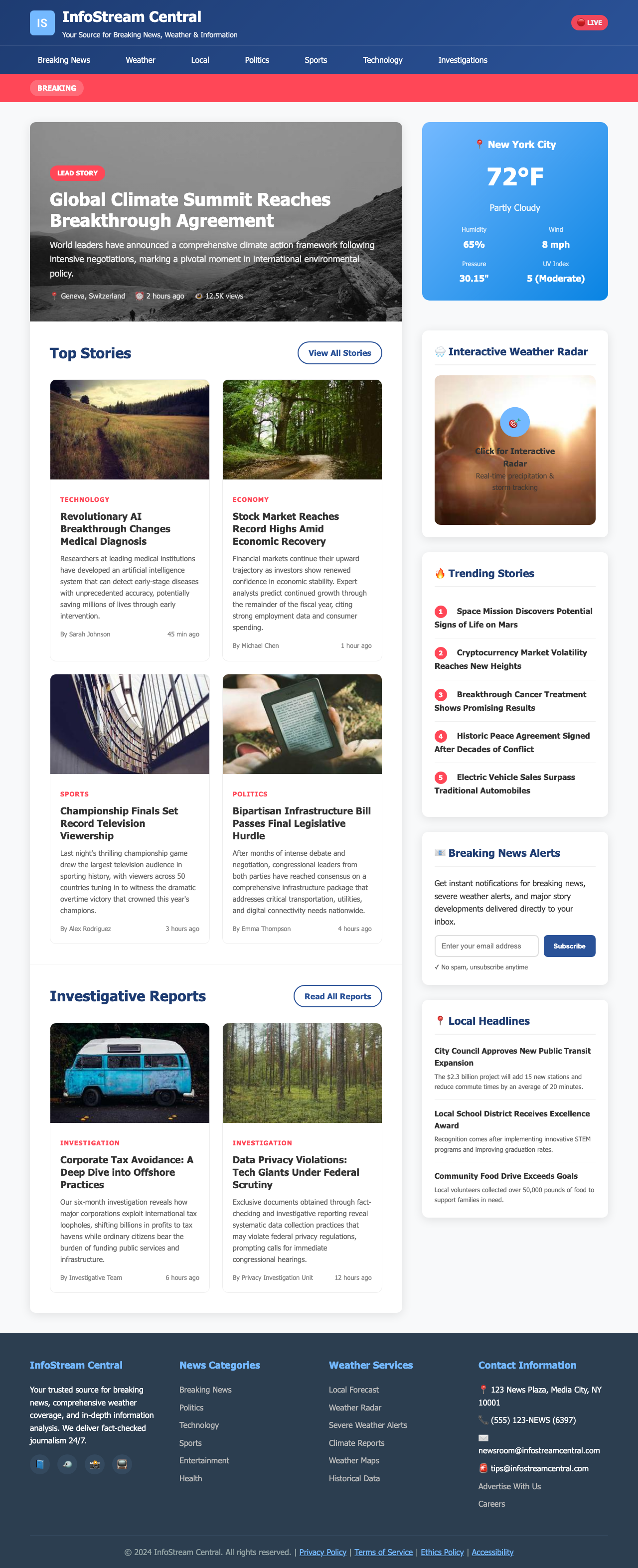 News Weather Information page with AIMAC score 4.9 (21 serious violations)